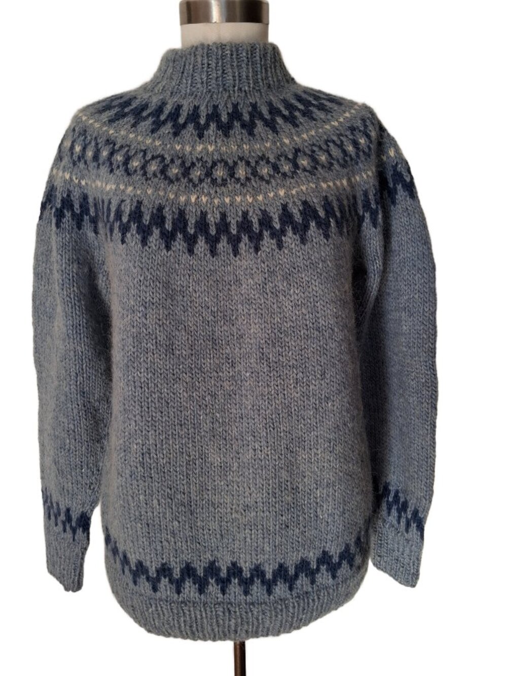 Unisex Handknit Wool Pullover Sweater Blue Fair Isle Nordic Design Large